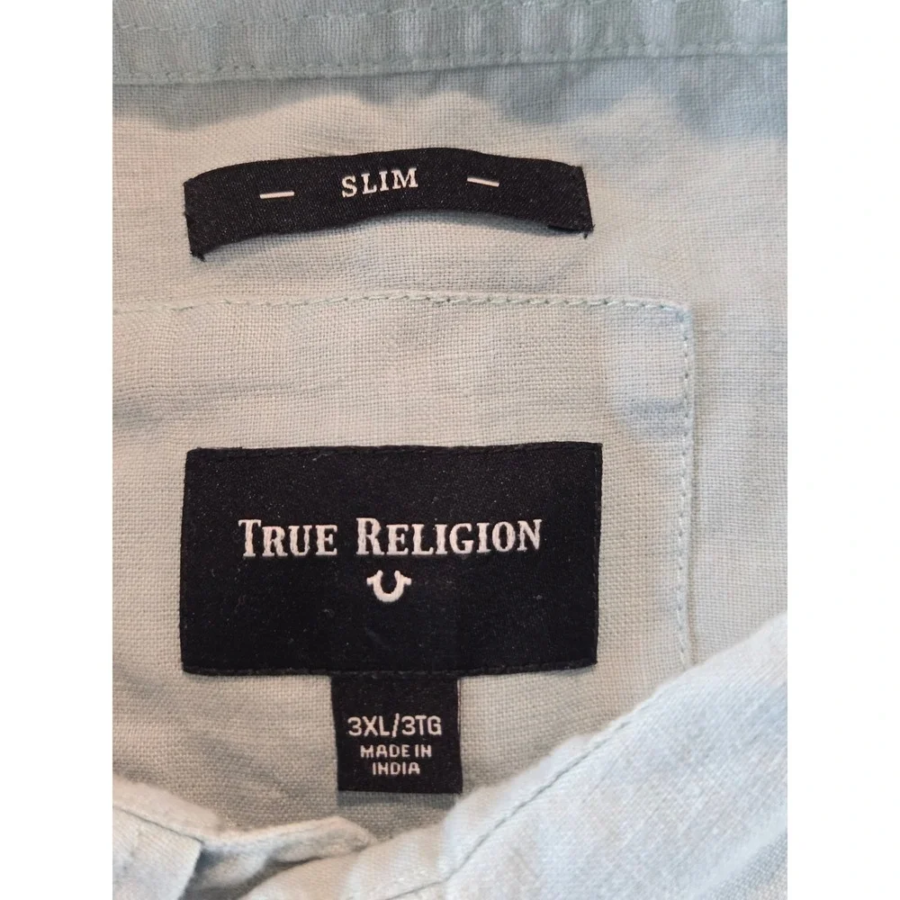 True Religion Shirt Mens 3XL Blue Linen Button Up Short Sleeve Slim Fit Resort